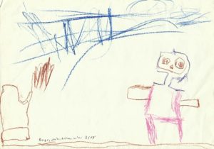 Obrázek bagru, pána a hlíny, kreslený dítětem